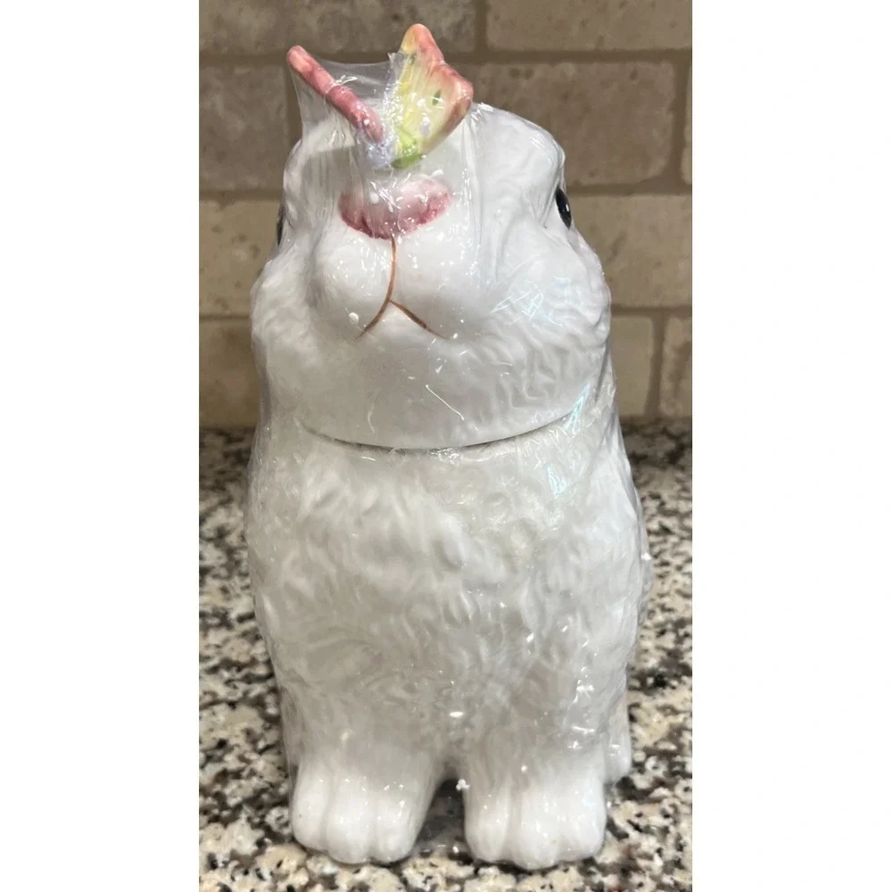 New Cracker Barrel Bunny Party Cookie Jar Ceramic Bunny Rabbit W/Butterfly Decor